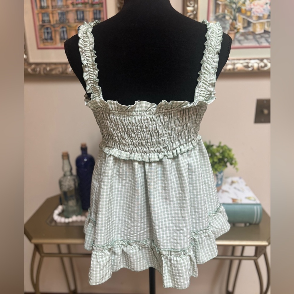 ROMWE GREEN & WHITE GINGHAM BOW RUFFLE HEM BABY DOLL SMOCKED SHORT TOP SIZE L - Picture 5 of 7